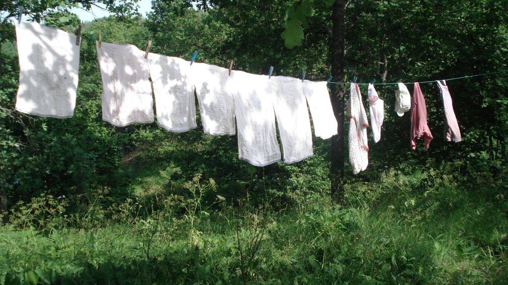 Stoffwindeln aufgehängt auf einer Wäscheschnur im Garten. (Foto: C. K. Klose)
