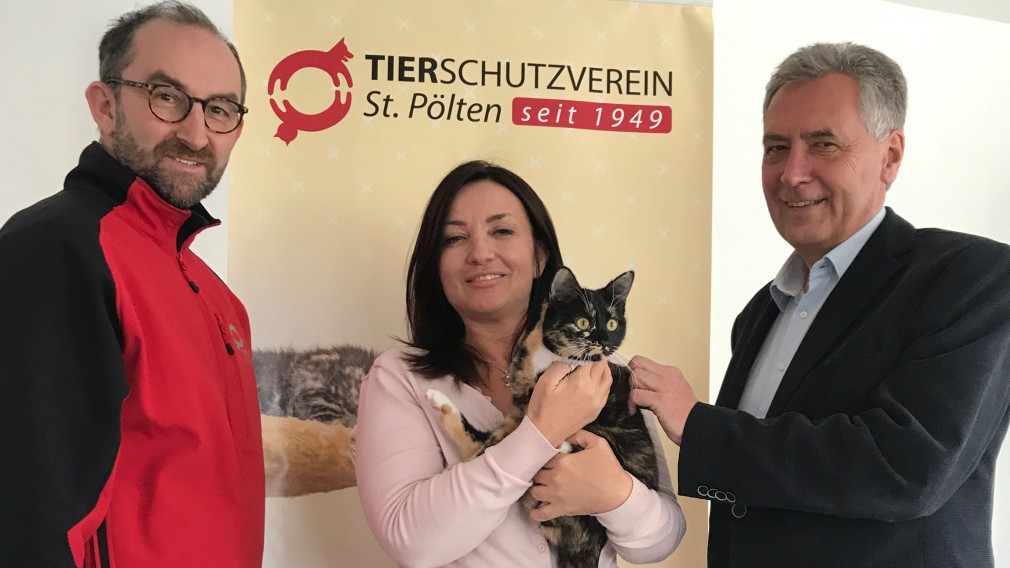 Zwei Männer mit Frau und Katze vor Tierschutzverein Plakat.(Foto: Bernhard Stiowicek).