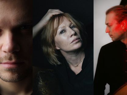 Birgit Minichmayr, Dimitris Karakantas und David Bergmüller präsentieren in der Ehemaligen Synagoge eine Abend voller Literatur und Musik. (Fotos: Stanislav Jenis/William Minke/Alexander Gotter)