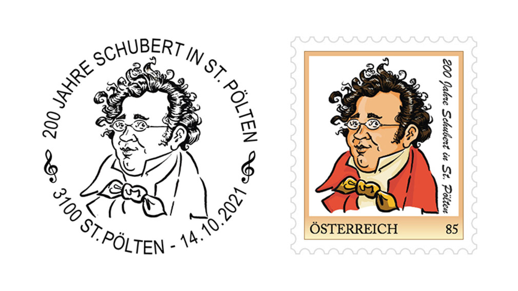 Personalisierten Briefmarke und Sonderstempel „200 Jahre Franz Schubert in St. Pölten“. (Foto: Alfred Gugerell)