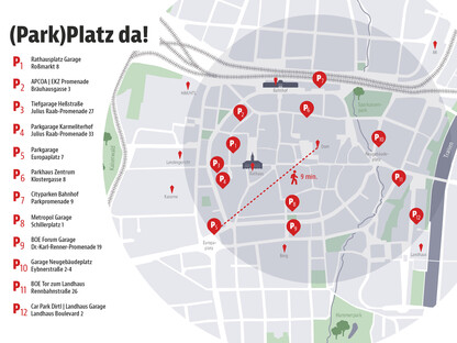 Eine Karte mit allen Parkplätzen der St. Pöltner Innenstadt. (Grafik: ZOOM VP.AT | Marketing St. Pölten GmbH)