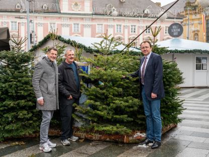 Christkindlmarkt-Projektleiter Dietmar Zeiss, soogut Sozialmarkt St. Pölten- Leiter Jürgen Pomberger und Bürgermeister Matthias Stadler posieren für ein Foto vor den Deko-Bäumen am Christkindlmarkt. (Foto: Christian Krückel)