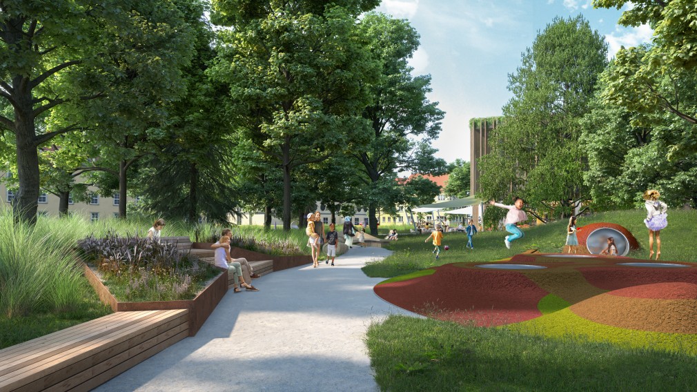 Eine erste Visualisierung zeigt, wie sich das KinderKunstLabor in den neu gestalteten Altoona-Park einfügt und die Grünfläche zur Straße hin abschirmt (Rendering: Steve Stiglmayr)