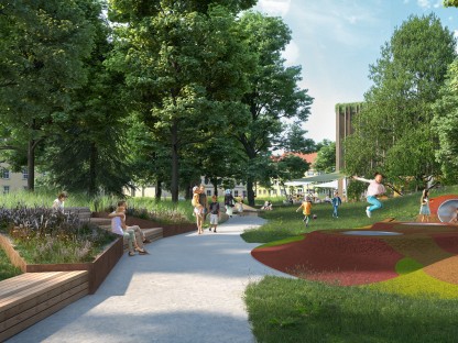 Eine erste Visualisierung zeigt, wie sich das KinderKunstLabor in den neu gestalteten Altoona-Park einfügt und die Grünfläche zur Straße hin abschirmt (Rendering: Steve Stiglmayr)