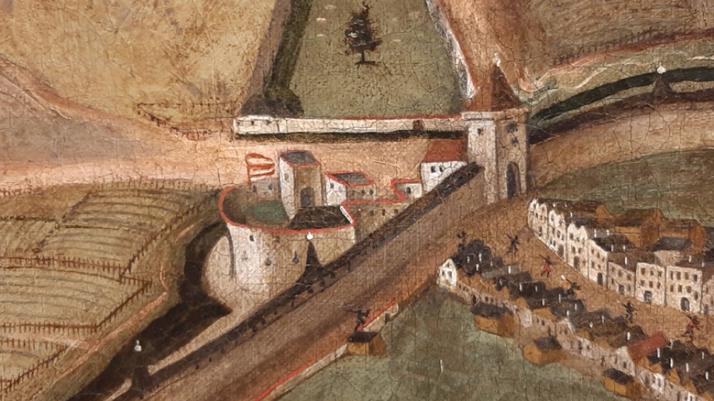 Ausschnitt aus der Stadtansicht von Balduin Hoyel 1623: zu erkennen ist das Wilhelmsburger Tor, später Linzer Tor genannt, mit dem Vorwerk. (Foto: Stadtmuseum St. Pölten)