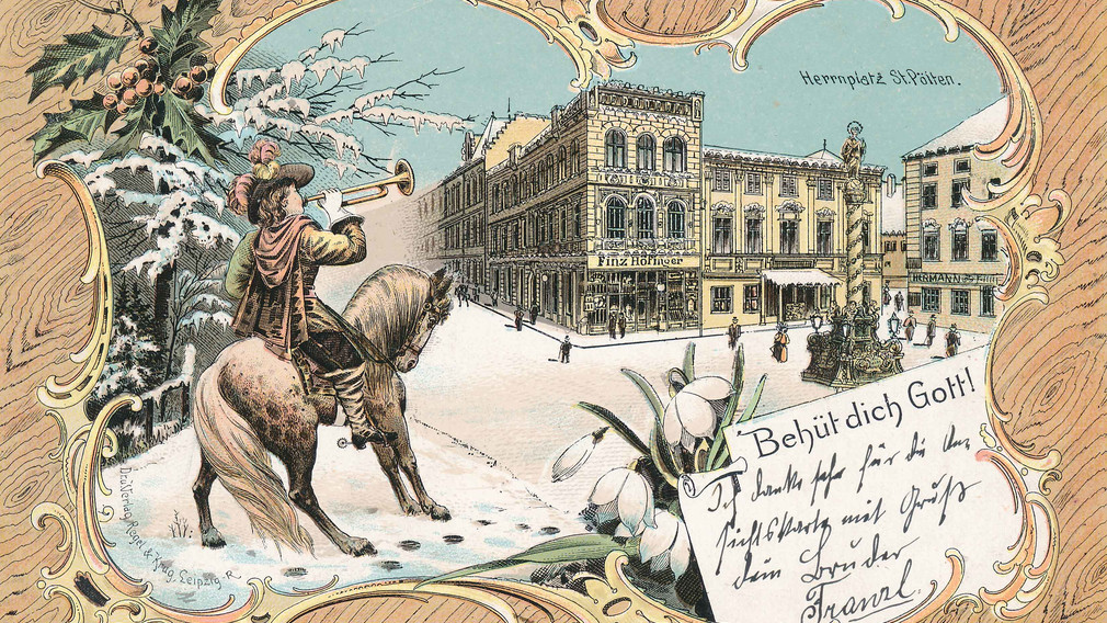 Auf dem Dezember-Kalenderblatt des Kalenders ist eine historische Postkarte mit einem Motiv vom Herrenplatz zu sehen. (Foto: Stadtmuseum St. Pölten)