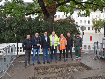 Gärtnermeister Robert Wotapek, Baudirektor Wolfgang Lengauer, Bürgermeister Matthias Stadler, Christian Groissmaier, Stefan Amashaufer, Philipp Bayerl und Daniel Brandtner von der Stadtgärtnerei bei der Besichtigung der Sondierungsschächte vor der Schillereiche. (Foto: Josef Vorlaufer)