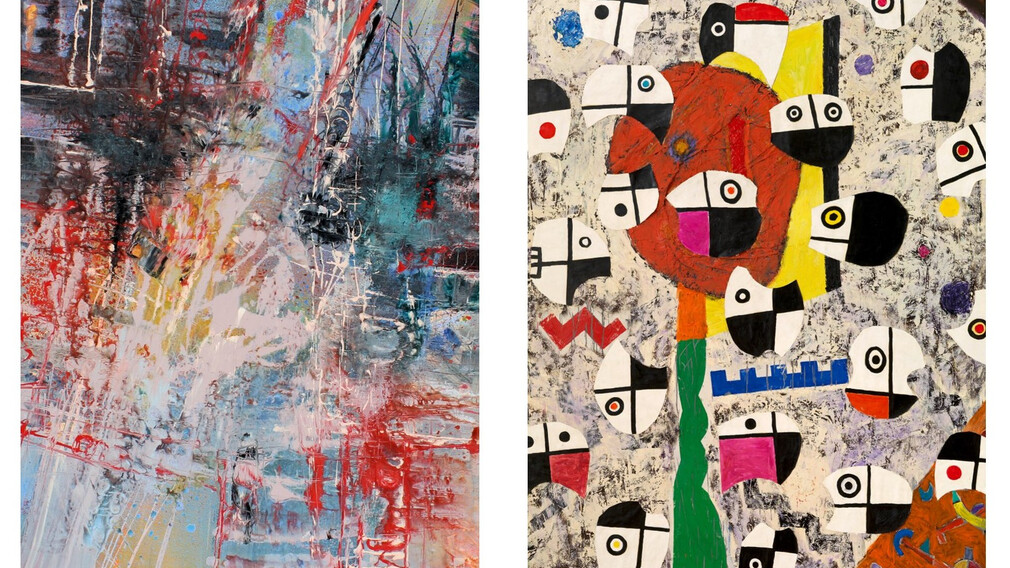 Doppelbild: Ernestine Tahedl: „Berislav Sipus Dialogues for Viola and violoncelo “, Acryl auf Leinwand, 152x152cm und Zlatko Keser: „FREUNDE PRIJATELJI FRIENDS“, 2002, Eitempera und Öl auf Leinwand, 240 x 190 cm. (Foto: Alfred Brogyány)