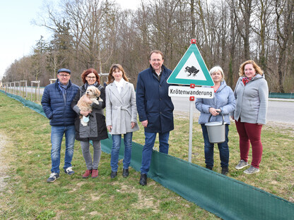 Robert Wotapek, Susanne Wegenkittl,  Brigitte Pfaffeneder, Bürgermeister Matthias Stadler, Susanne Strasser und Tatjana Fischer beim Krötenweg. (Foto: Josef Vorlaufer)