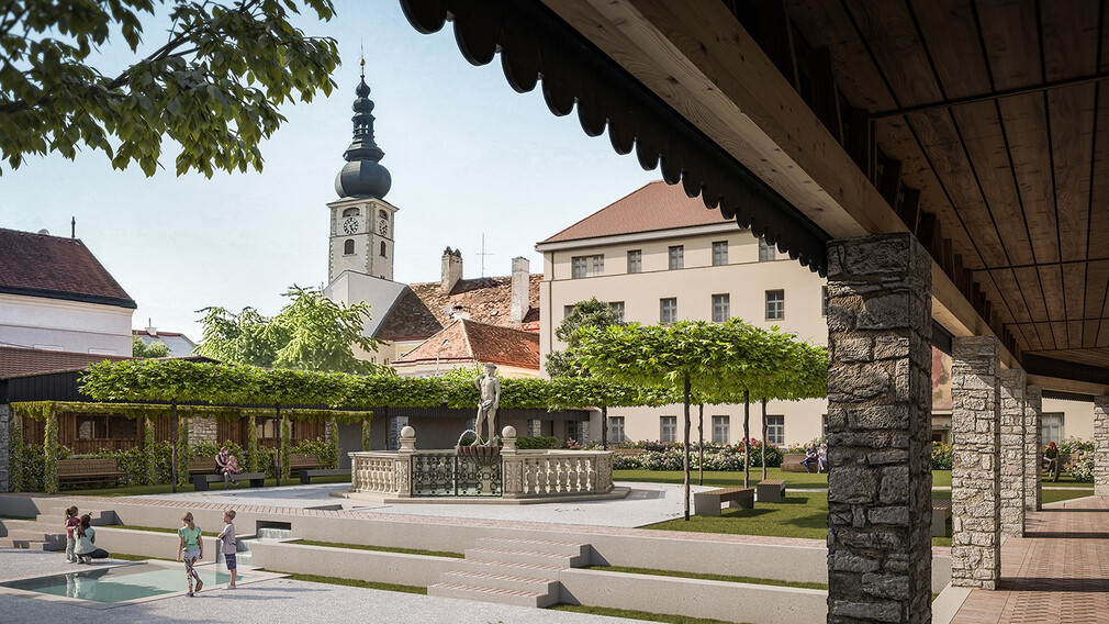 Ein Brunnen, mehr Grünraum mit Blumen, Bäumen und Sträuchern und ein überdachter Außen-Korridor: Der Alumnatsgarten soll für die Bevölkerung eine hohe Aufenthaltsqualität im Herzen der Innenstadt bieten. (Bild: ZOOM VP.AT)