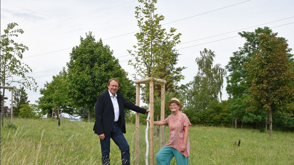 Bürgermeister Matthias Stadler mit dem Baumgeschenk für die „Jungpensionistin“ Ingrid Leutgeb-Born. (Foto: Josef Vorlaufer)