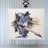 Beauty is a Demon, Collage und Stickerei auf Leinwand, montiert auf Scherenkran, 200x160cm, 2021