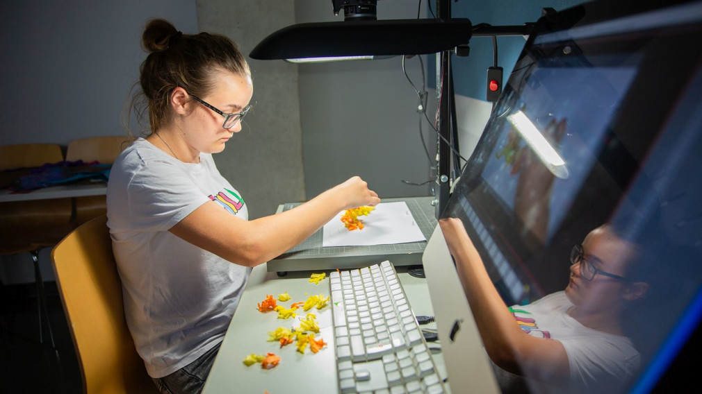 Eine junge Dame schnuppert in verschiedene Bereiche rein, die als Studiengänge bei der FH St. Pölten angeboten werden.