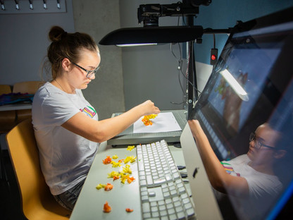 Eine junge Dame schnuppert in verschiedene Bereiche rein, die als Studiengänge bei der FH St. Pölten angeboten werden.