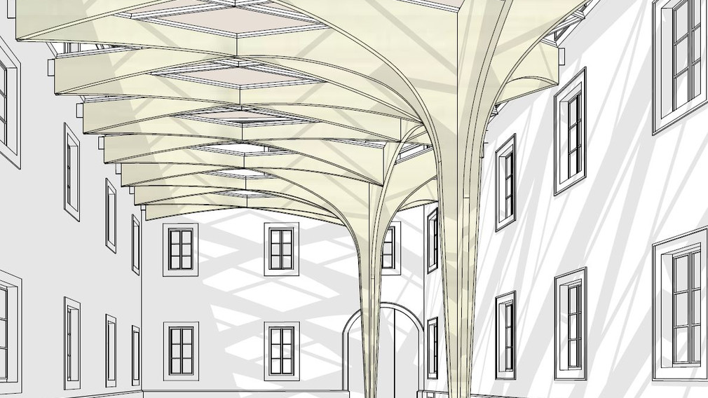 Die Rippenkonstruktion erinnert an barocke Gewölbe, die großflächige Verglasung macht den Blick frei in den Himmel (Visualisierung: AllesWirdGut Architektur ZT GMBH). 