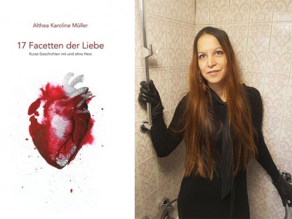 Buch-Cover 17 Facetten der Liebe und Portraitfoto von Althea Müller in einer Collage. (Foto: Althea Müller und Bettina Planyavsky)