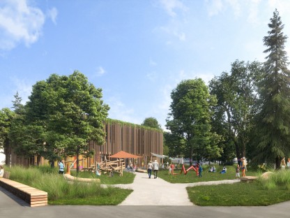 Eine Visualisierung zeigt, wie es im Altoona-Park einmal aussehen könnte:  Zu sehen ist ein Park, ein Spielplatz und ein Gebäude mit Flachdach und viel Grün (Rendering: Steve Stiglmayr).