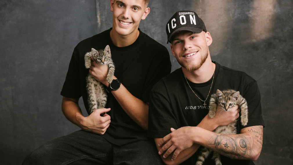 Zwei SKN-Spieler mit Katzen aus dem Tierheim St. Pölten. (Foto: Konstantin Mikulitsch)