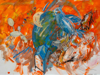 Bild „Taubenwunsch“, Mischtechnik auf Karton, 44 x 63 cm, 2021 von Christian Ludwig Attersee. (Bild: Archiv/Atelier Attersee)