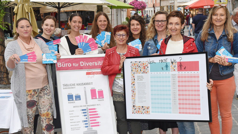 Mag.a Martina Eigelsreiter (Büro für Diversität), Flora Ruiner, BA (Gewaltschutzzentrum NÖ), Mariella Schlossnagl (Büro für Diversität), Katharina Kratochwill (Diözese St. Pölten), Stadträtin Mag.a Renate Gamsjäger (SPÖ-Bezirksfrauenkomitees St. Pölten), Katharina Loisel-Thanmayer, MA (Frauen- und Mädchenberatungsstelle Frauenzentrum St. Pölten), Rita Olah, BA (Frauenwohnheim / Emmausgemeinschaft St. Pölten), Ilse Knell (Büro für Diversität), Barbara Seyrl (Frauenprojekt fairwurzelt) (v.li.n.re.) mit Aufklärungsflyern zum Equal Pension Day. (Foto: Josef Vorlaufer)