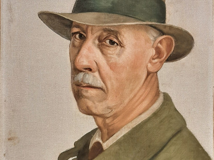 Ein Gemälde, auf dem das Selbstporträt des Gründungsobmannes des St. Pöltner Künstlerbundes Adolf Peschek, zu sehen ist.