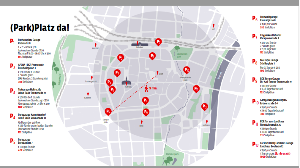 Eine Karte mit allen Parkplätzen der St. Pöltner Innenstadt. (Grafik: ZOOM VP.AT | Marketing St. Pölten GmbH)