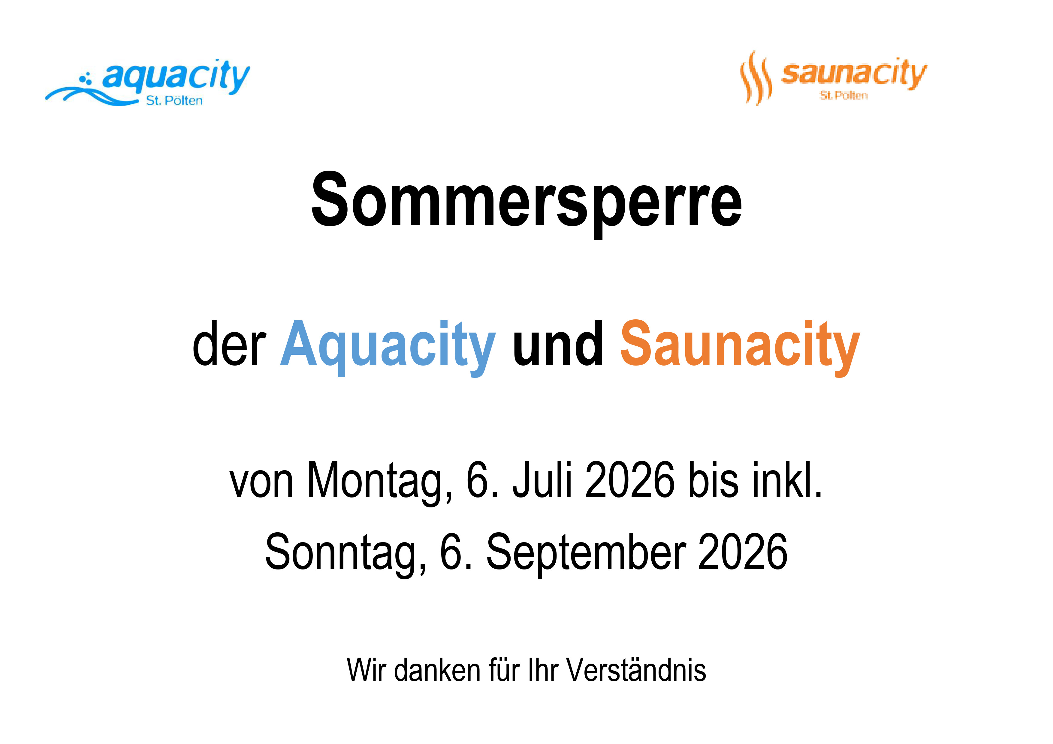 Sommersperre der AQUACITY und Saunacity 2026