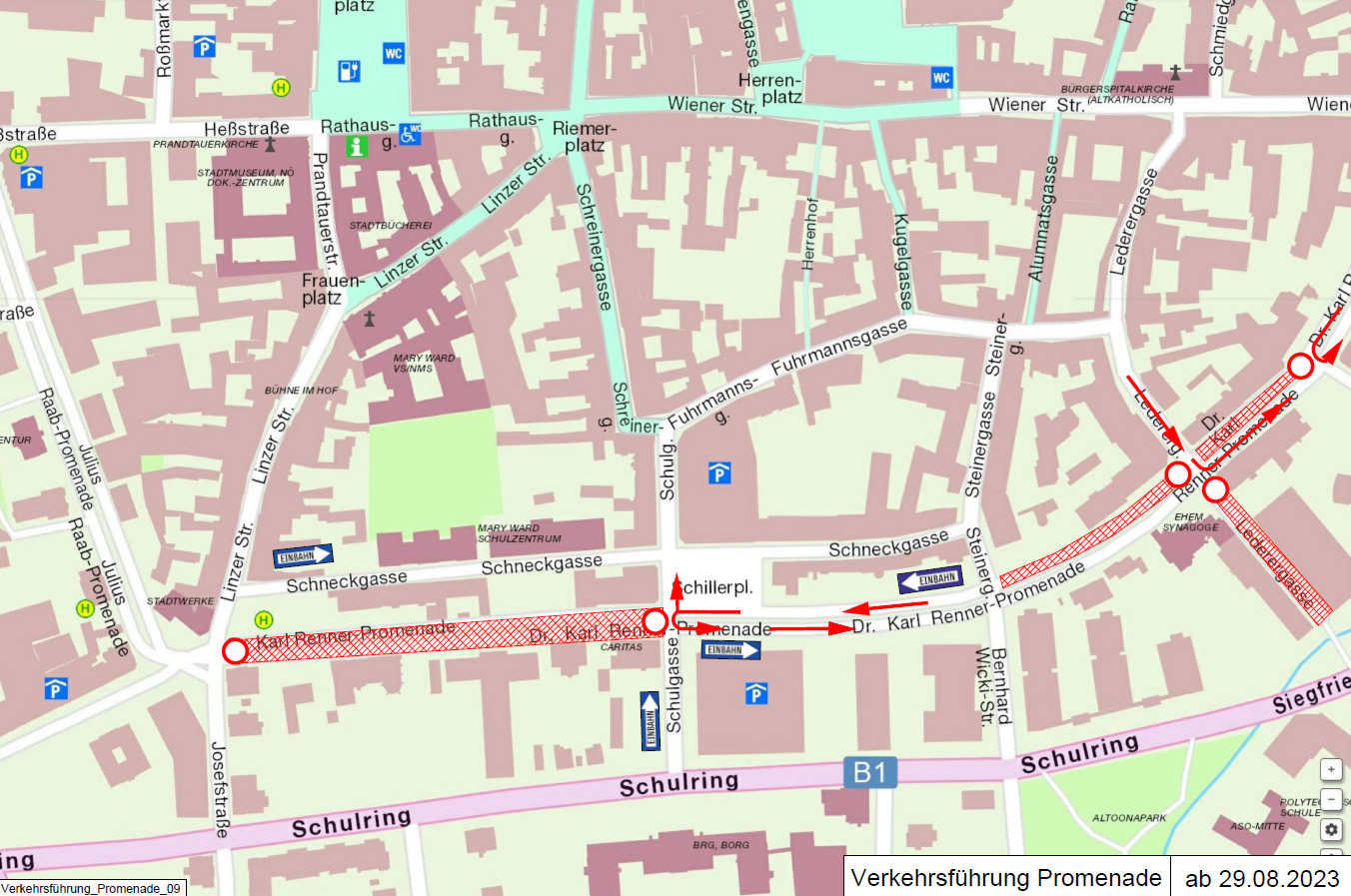 Verkehrsfuhrung Promenade ab 29. 8. mit Schrift